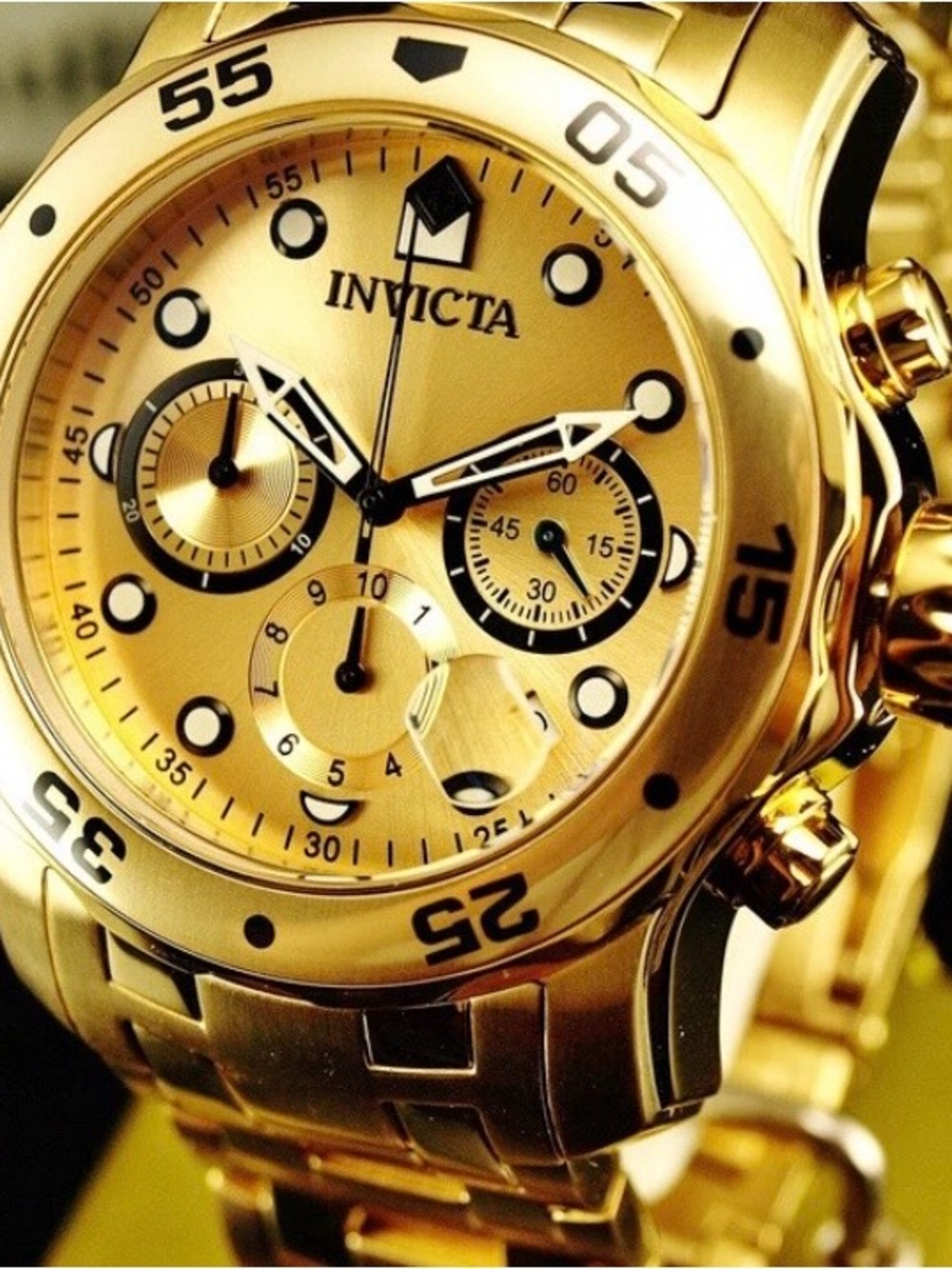 Invicta Men’s 48mm PRO DIVER Scuba Chronograph Gold Dial 18K Gold Plated Watch